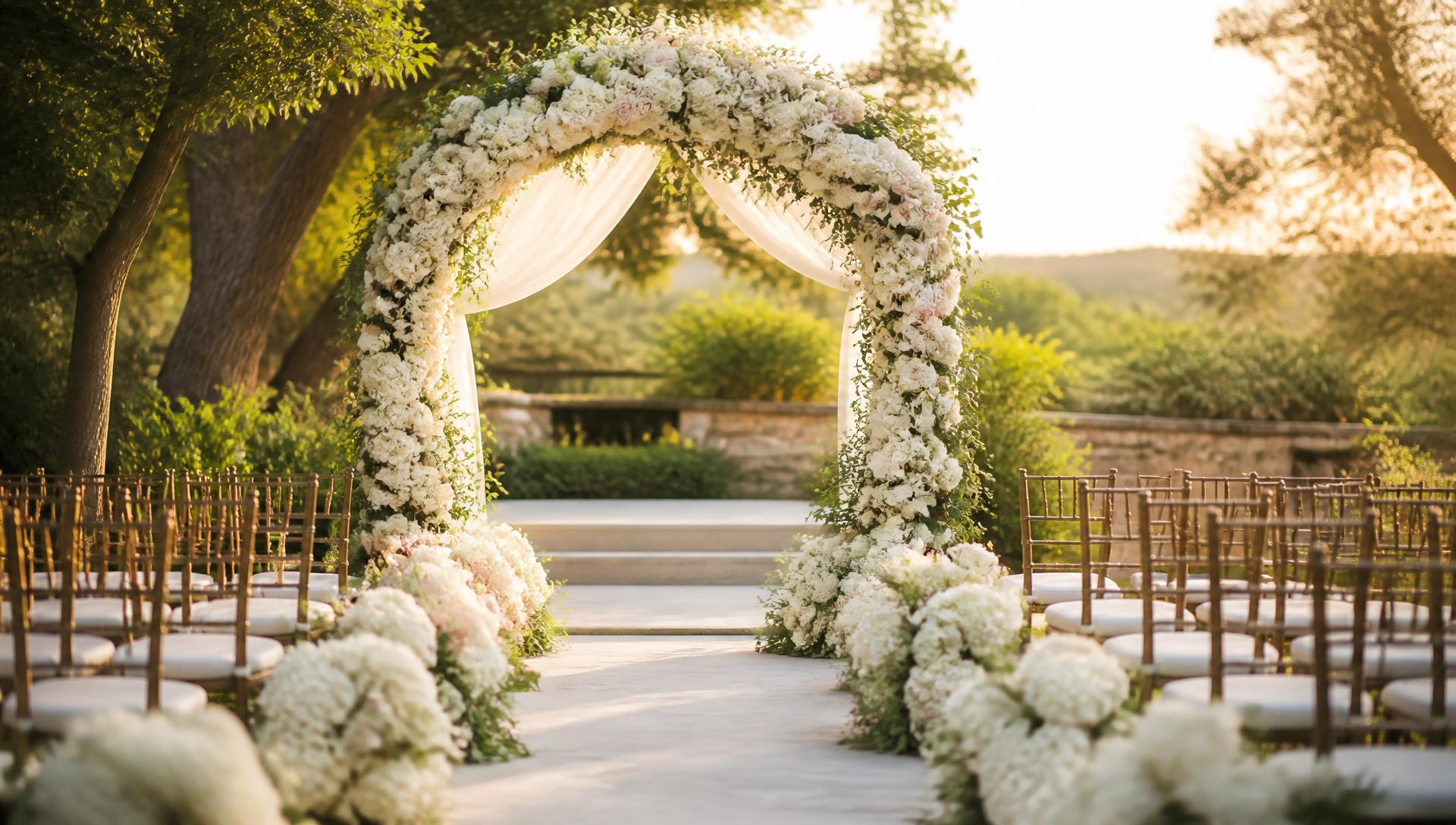 Elegant outdoor wedding ceremony setup with floral arch in Dallas Fort Worth